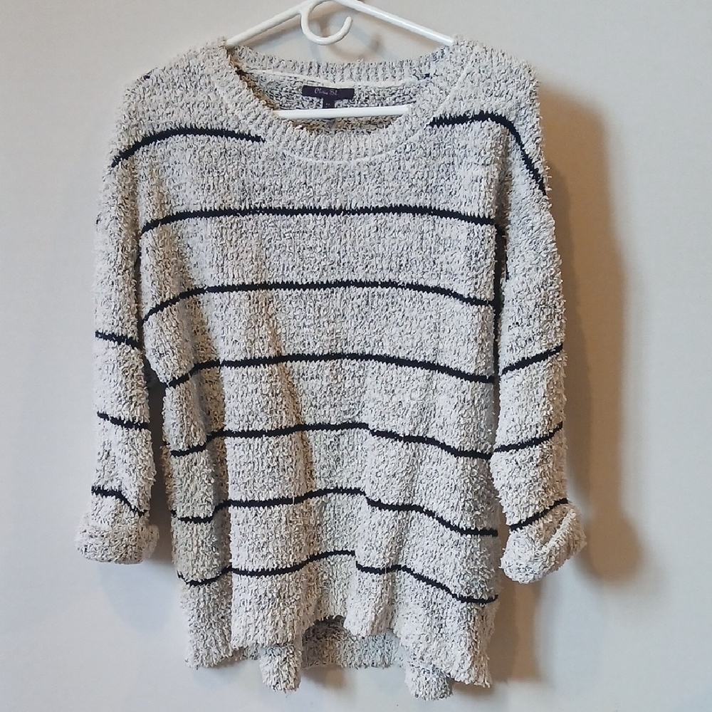 Olivia Sky Sweater with Black Stripes Textured Crewneck Pullover Sweater Size 2X